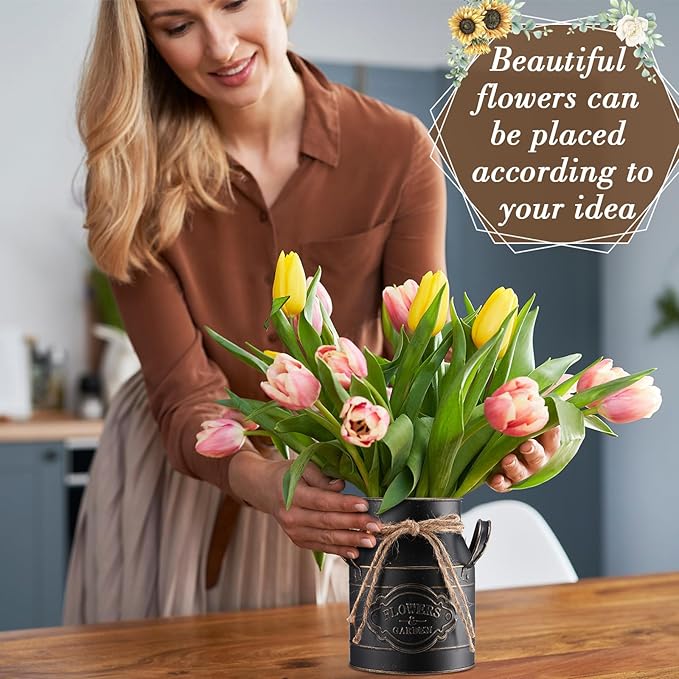 6 Inch Farmhouse Vase Decor Milk Can Vintage Flower Jug Galvanized Metal Vase with Handle Rustic Flower Buckets for Thanksgiving Christmas Table Centerpiece Weddings Gifts(Black,4 Pcs)-Ruum Studio Home