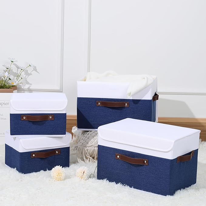 ANMINY Storage Boxes with Lids Washable Decorative Storage Bins Basket with PU Leather Handle Foldable Linen Fabric Storage Cubes Containers for Home Closet Organizer - Deep Blue White, Small Size-Ruum Studio Home