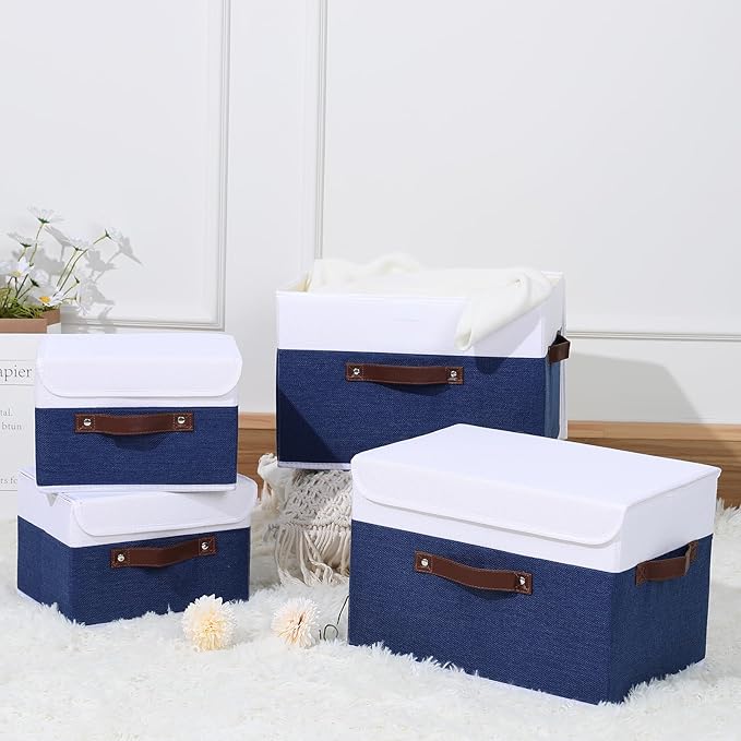 ANMINY Storage Boxes with Lids Washable Decorative Storage Bins Basket with PU Leather Handle Foldable Linen Fabric Storage Cubes Containers for Home Closet Organizer - Deep Blue White, Large Size-Ruum Studio Home
