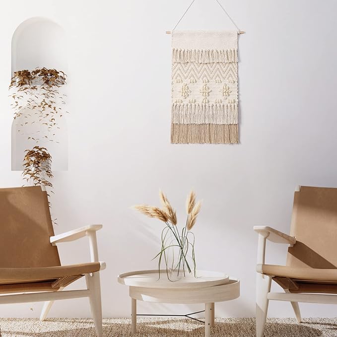 Dremisland Macrame Woven Wall Hanging Home Decor Bohemian Beige Geometric Wave Art Decor with Wool Ball and Tassle-Elegant Apartment Bedroom Dorm Room Door Decoration, 15.7" W x 22" L (Beige Wool Ball)-Ruum Studio Home
