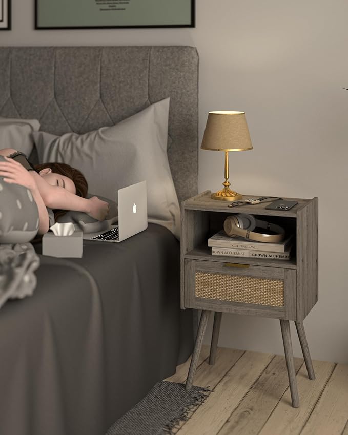 Rattan Nightstand,Modern Bedside Table with Storage Drawer and Open Wood Shelf, for Living Room, Bedroom and Small Spaces, Accent Night Stand with Solid Wood Legs, Easy Assembly(Grey Oak)-Ruum Studio Home