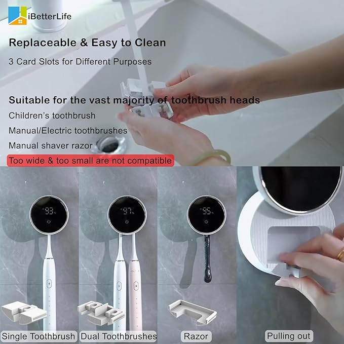Toothbrush Holders Cleaner & Dryer for Bathroom - Mirror Wall Mounted [Rechargeable, Auto Sensor Open/Close Lid, LED Smart Screen] Adhesive Electric Tooth Brush Razor Holder with Cover for Home Travel-Ruum Studio Home