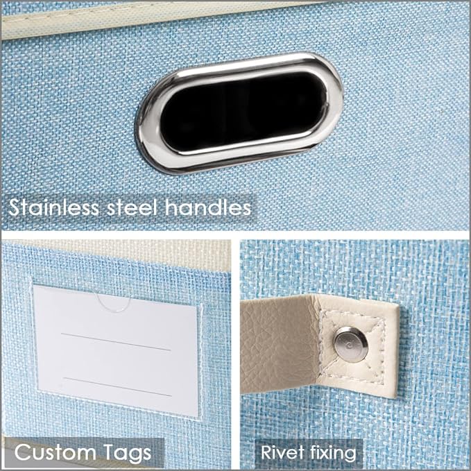 PRANDOM Large Foldable Storage Boxes with Lids [3-Pack] Fabric Collapsible Storage Bins Organizer Containers Baskets Cube with Cover for Home Bedroom Closet Office Nursery Blue&Cream(17.7x11.8x11.8)-Ruum Studio Home