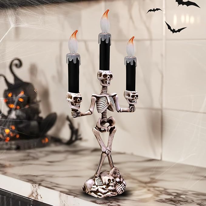 TURNMEON 2 Pack Halloween Candelabra with LED Flame Less Candles Holder Battery Operated Flickering Lights Skull Candles for Halloween Decorations Indoor Home Table Mantel Party Haunted Mansion Decor-Ruum Studio Home