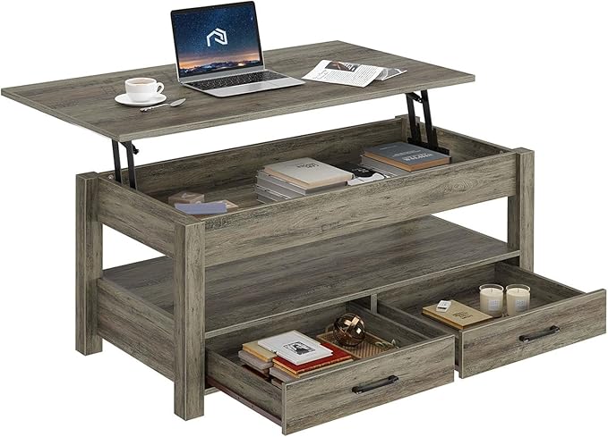 Rolanstar Coffee Table, 47.2" Lift Top Coffee Table with Drawers and Hidden Compartment, Retro Central Table with Wooden Lift Tabletop, for Living Room, Washed Oak-Ruum Studio Home