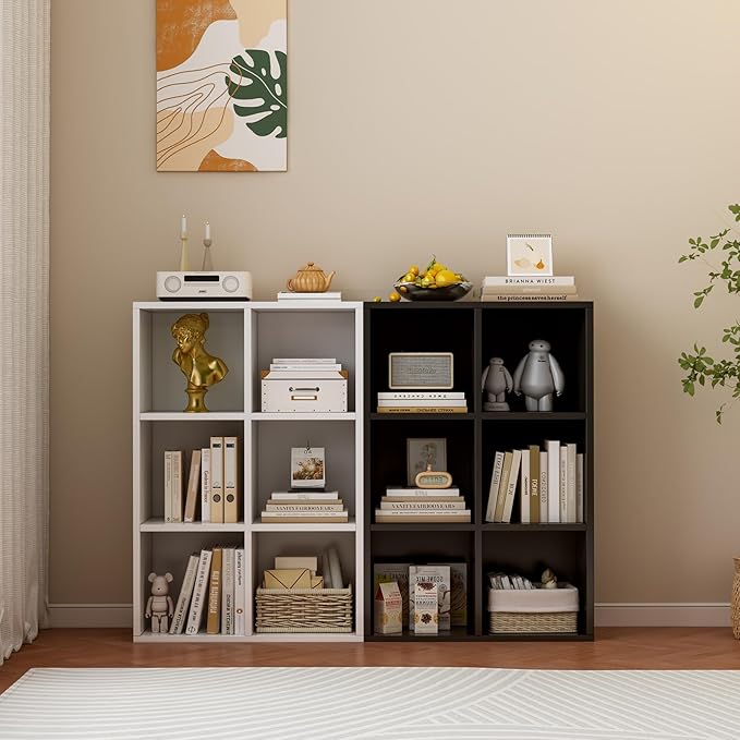 6-Cube Storage Shelf Bookcase - Wooden 3-Tier Floor Standing Open Bookshelf for Home and Office, Display Cabinet, Black-Ruum Studio Home