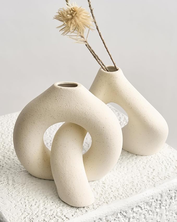 NOBULA White Ceramic Donut Vases – Modern Home Decor for Living Room, Bedroom & Table Centerpiece - Minimalist Nordic – Unique Vases for Olive Plant & Flowers – Decorative Coffee Table Vase Set of 2-Ruum Studio Home