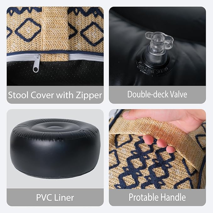 Outdoor Inflatable Ottoman with Air Pump, Embroidery Patio Footrest Stool D21”x H9”, Round Pouf Ottoman with Portable Handle Suitable for Garden, Camping, Bedroom, Living Room-Ruum Studio Home