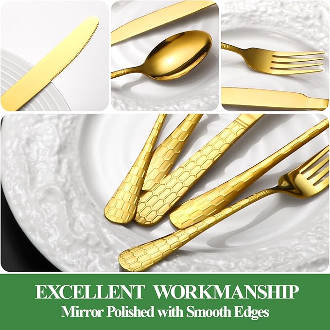 20 Pcs Gold Silverware Set for 4 with Water Cube Handle design, Food Grade Stainless Steel Flatware Set, Eating Utensils Sets Include Fork/Knife/Spoon, Reusable Cutlery Set, Dishwasher Safe-Ruum Studio Home