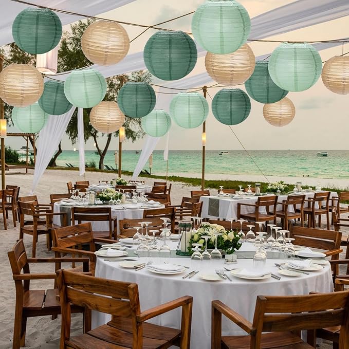 Paper Lanterns Decorative, Sage Green Forest Tan Hanging Round Chinese Lanterns with Lights for Rustic Party Sage Green Birthday Party 12 LED Light Pack of 12-Ruum Studio Home