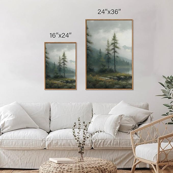 SIGNINART Large Misty Mountain Framed Canvas Wall Art, Green Forest River Scenery Wall Decor, Modern Foggy Wooden Landscape Artwork, Oil Style Nature Art Print for Living Room Bedroom Office 24"x36"x3-Ruum Studio Home
