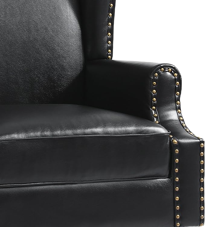 UIXE PU Leather High Back Accent Chair, Upholstered Armchair for Living Room, Retro Wingback Arm Chair Nailhead Trim Single Sofa Bedroom Reading Seat with Solid Wood Legs - Black-Ruum Studio Home