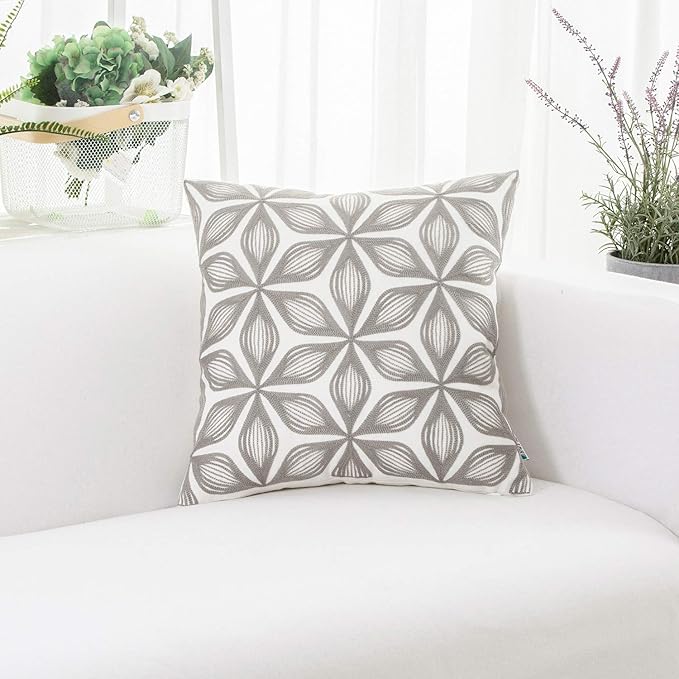 HWY 50 Grey Gray Decorative Throw Pillow Covers 18x18 Inch, Pack of 2 Embroidered Cotton Farmhouse Cushion Cover Pillow Case for Sofa Couch Living Room Bed Bedroon, Fashion Geometric Accent-Ruum Studio Home