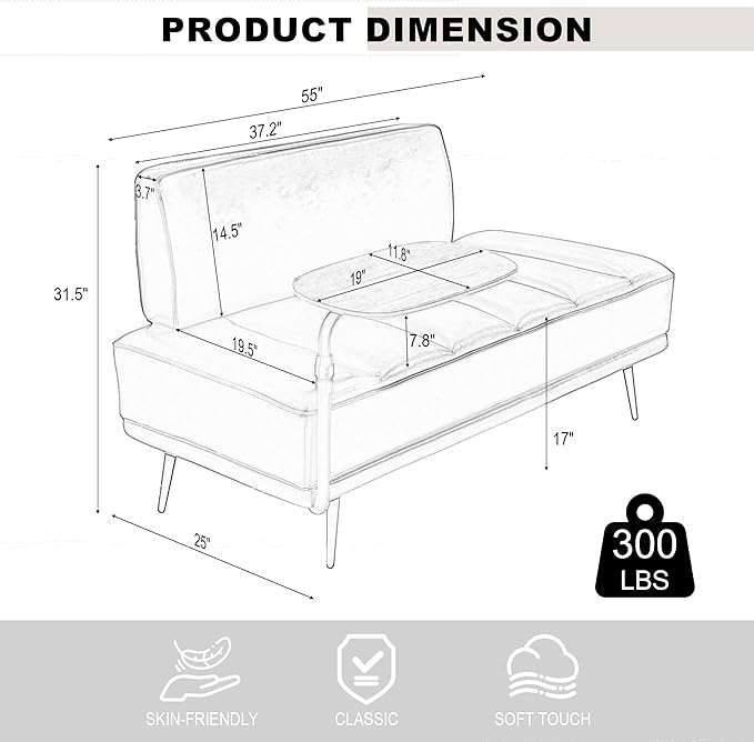 Sofa,Bed Bench,Small Spaces Furniture,Polyurethane Leather,Wood Frame,High Density Sponge Infillings,360-Degree Swivel Tray,Black Metal Leg (Beige)-Ruum Studio Home