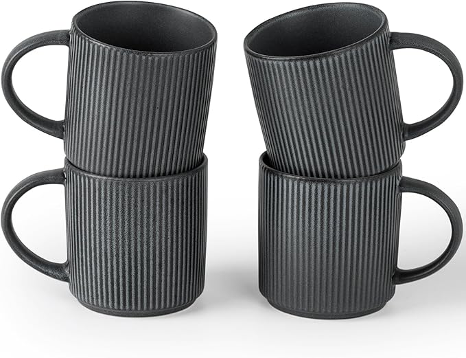 famiware Coffee Mug Set for 4, Star 12 oz Catering Mugs Cup Set with Handle for Coffee, Tea, Cocoa, Milk - Ceramic Stoneware Drinkware Set, Matte Dark Charcoal-Ruum Studio Home