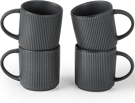 famiware Coffee Mug Set for 4, Star 12 oz Catering Mugs Cup Set with Handle for Coffee, Tea, Cocoa, Milk - Ceramic Stoneware Drinkware Set, Matte Dark Charcoal-Ruum Studio Home