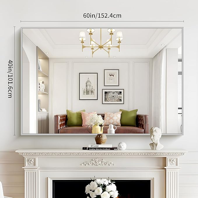 40x60inch Silver Bathroom Mirror, Silver Rectangle Mirror with Frame, Large Rectangular Wall Mirrors for Bathroom, Living Room, Hair Salon, Big Farmhouse Mirror Hang Horizontal/Vertical-Ruum Studio Home