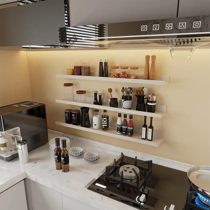 Giftgarden 36 Inch Floating Wall Shelves Creamy White Beige Wood-Grain, Large Picture Ledge Long Wooden Shelfs for Bedroom Living Room Kitchen Bathroom Nursery Office, Set of 3 Different Sizes-Ruum Studio Home