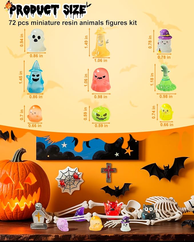 72 Pcs Halloween Mini Resin Animals Figures Kit - Luminous Tiny Resin Figurines Accessories, Glow in The Dark Miniature Ghost Figurines for Halloween Party, Micro Landscape, Tabletop Decor-Ruum Studio Home
