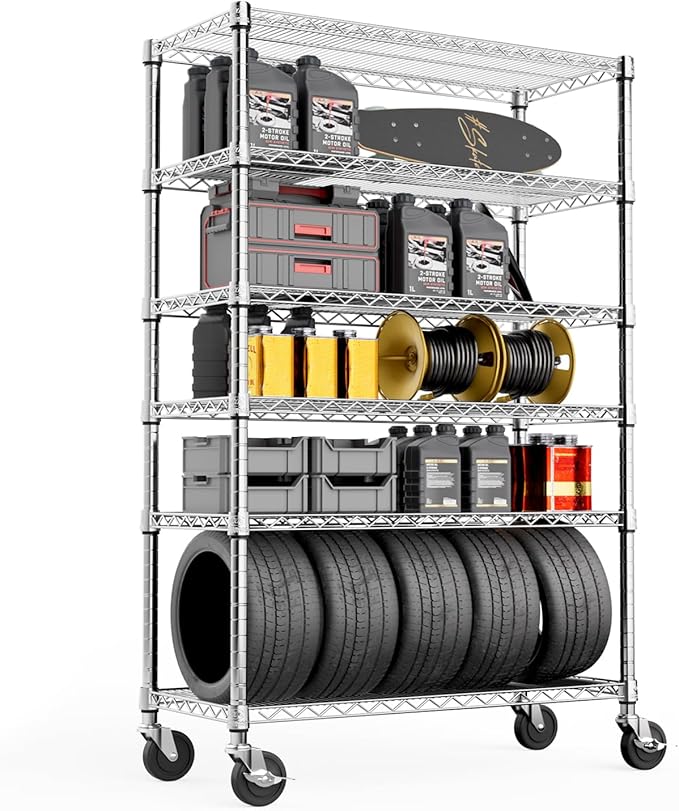 Steel Storage Shelving 6-Tier Utility Shelving Unit with Wheels, Steel Organizer Wire Rack for Home,Kitchen,Office,Garage,17.7" D x 47.2" W x 76.7" H-Ruum Studio Home