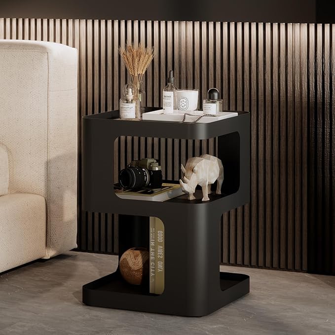 Side Table,Modern end Table,Unique nightstand,Bedside Table,Black Metal Night Stand with Storage,Accent Side Table for Couch,Bedroom,Living Room.No Assembly Required-Ruum Studio Home