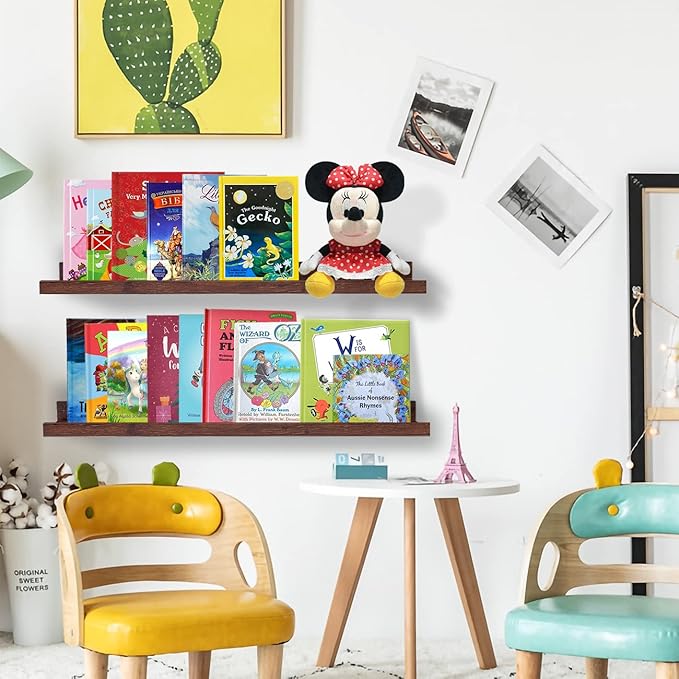 AZSKY Floating Picture Ledge 36 Inch Wall Mount Floating Shelves Long Wood Floating Book Shelves for Kids Room Wall Shelves for Bathroom Decor Deep Walnut Set of 2-Ruum Studio Home