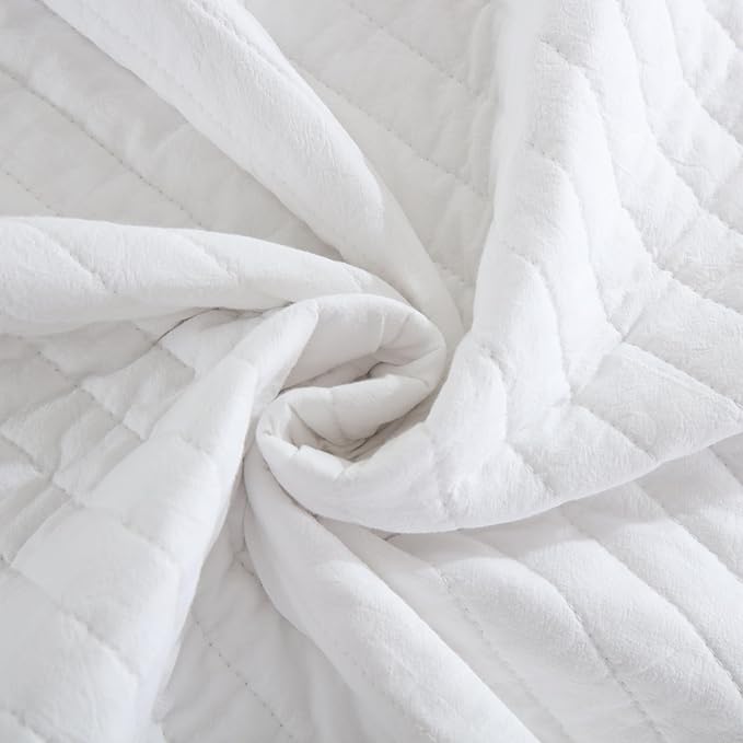 MarCielo 3-Piece 100% Cotton White Striped Quilt Set with Botanical Edge Embroidery TC(Sakura White,King(106" X 98"))-Ruum Studio Home