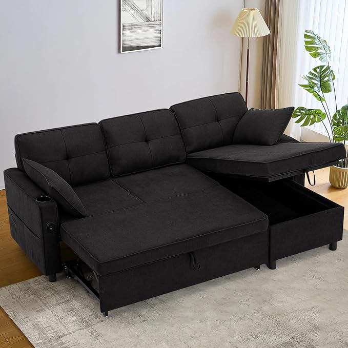 84 Inches Fabric Sectional Sofa w/Pull Out Sofa Bed & Adjustable Back, Tufted L Shaped Couch w/Storage Chaise, Sleeper Sectional Sofa w/USB Port & Cup Holders for Living Room, Black-Ruum Studio Home