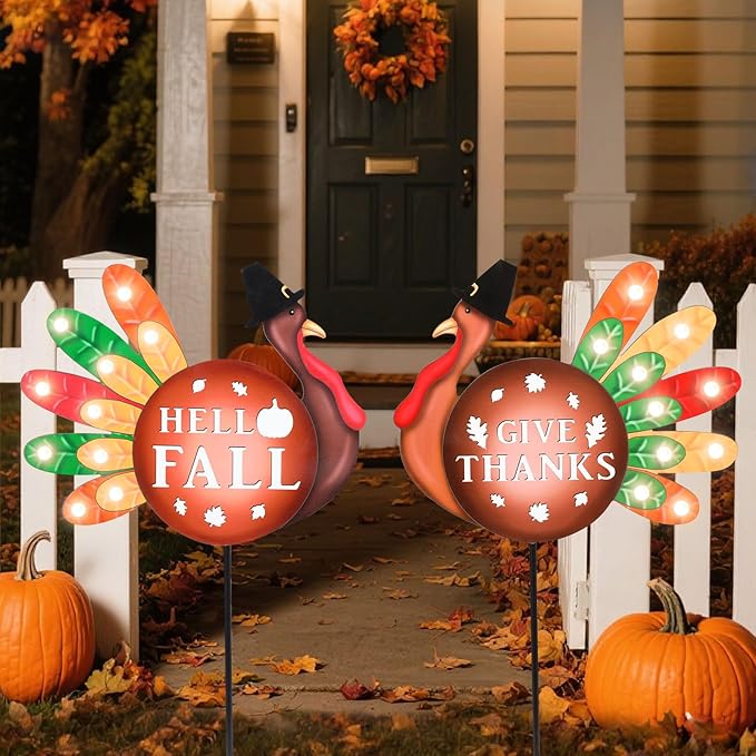 2 PCS Happy Fall Yard Signs Metal Thanksgiving Decorative Garden Stakes with Led Light Turkey Give Thanks Yard Stakes Fall Harvest Lawn Garden Lawn Pathway Decor-Ruum Studio Home