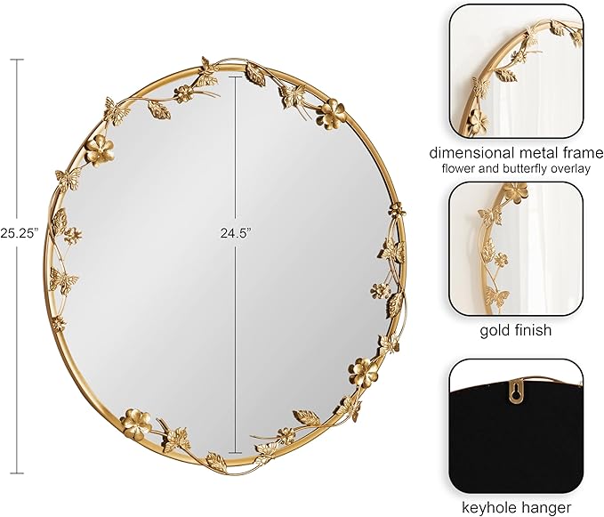 Kate and Laurel Rosella Modern Ornate Round Wall Mirror, 26 Inch Diameter, Gold, Circle Mirror with Floral Detailing for Use as Bathroom Mirror for Over Sink or Cute Nursery Mirror Decor-Ruum Studio Home