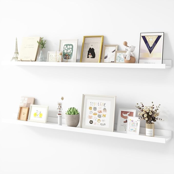 Picture Ledge Shelf, Wood Long Floating Shelves for Wall, Set of 2, 48 inch Picture Ledge Shelves, Photo Ledge Nursery Book Shelves Wall Mounted for Living Room Kids' Room Bedroom, Color White-Ruum Studio Home