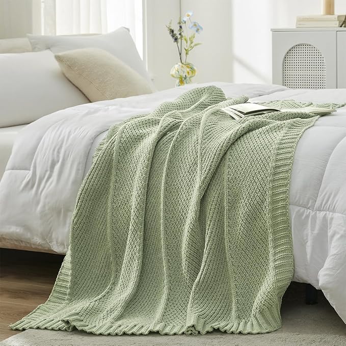Amélie Home Chenille Knit Throw Blanket for Couch, Chevron Texture Decorative Soft Blanket for Sofa, Bed & Chair, 60"x80", Sage Green-Ruum Studio Home