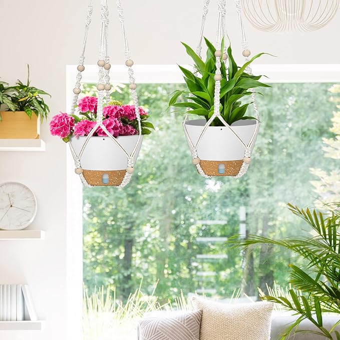 ZMTECH 2 Pack 10 Inch White Hanging Planters with Macrame Plant Hanger for Indoor and Outdoor Plants, Self Watering, Drainage Hole, Visible Level Tray-Ruum Studio Home