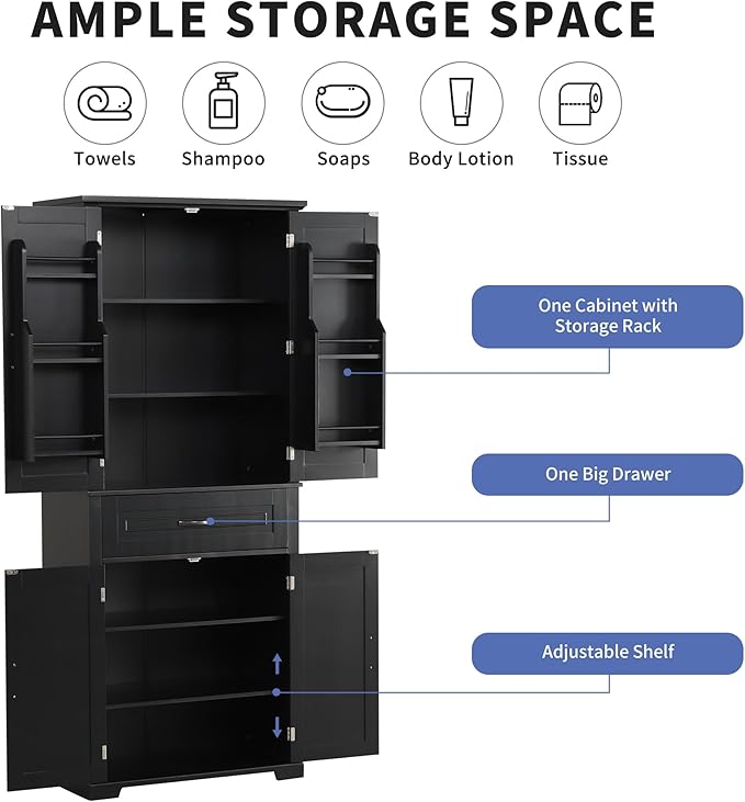 72.2" Tall Storage Cabinet with 4 Doors and Drawer, Freestanding Linen Cabinet, Wooden Pantry with Adjustable Shelf for Kitchen, Bathroom, Living Room Black-Ruum Studio Home