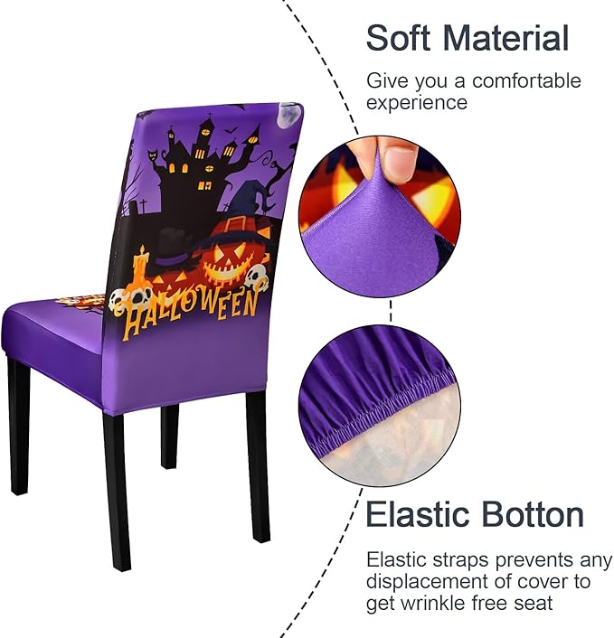 JQinHome Purple Halloween Chair Slipcover, Castle Chair Covers Set of 4, High Stretch Washable Chair Protector Cover for Dining Room, Kitchen,Home Party,Wedding Ceremony(Purple,4PC)-Ruum Studio Home