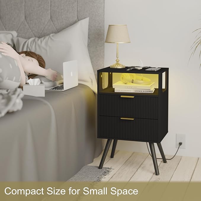 Black Nightstand with Charging Station and LED Lights,Modern Bedside Table with 2 Storage Drawer and Open Wood Shelf, for Bedroom and Small Spaces,Night Stand with Solid Wood Legs,Black-Ruum Studio Home