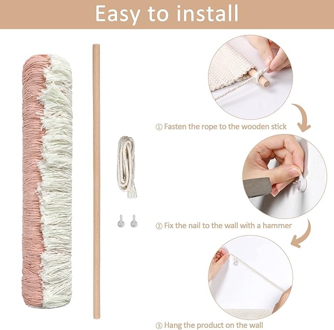 Dremisland Macrame Woven Wall Hanging Home Decor Bohemian Beige Geometric Wave Art Decor with Wool Ball and Tassle-Elegant Apartment Bedroom Dorm Room Door Decoration (Pink Line)-Ruum Studio Home