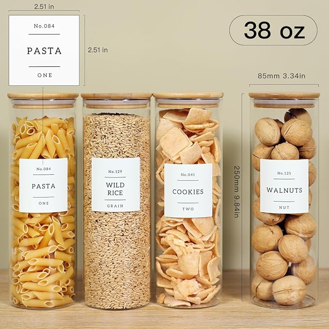 4 Pack Glass Jar with Airtight Wood Lid and White 132 Kichen Pantry Labels Preprinted - 38 Oz Clear Round Glass Food Storage Containers set For Cereal Rice Sugar-Ruum Studio Home
