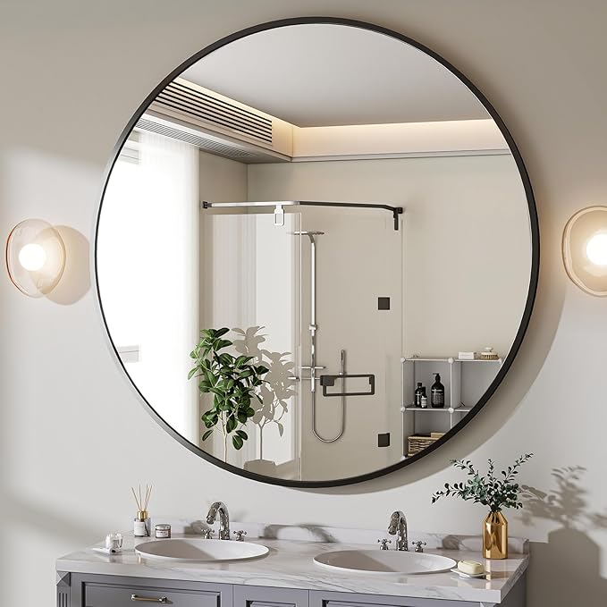 BEAUTYPEAK 30 Inch Round Mirror, Metal Frame Circle Mirror, Wall Mounted for Entryway, Bathroom, Vanity, Living Room, Black-Ruum Studio Home
