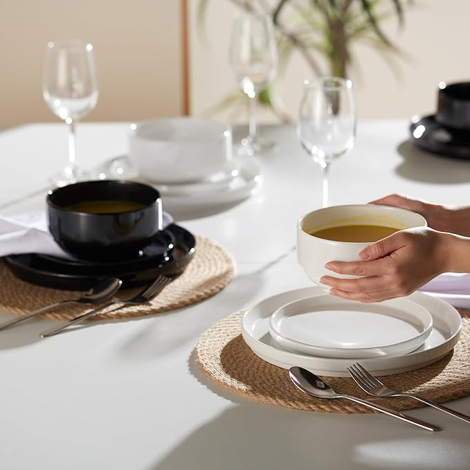 Ceramic Dinnerware Set, 12-Piece Service for 4, Soup Bowls (31.5 oz), Salad Plates (7.5"), Dinner Plates (10.5"), Round, Microwave and Dishwasher Safe, Black, Cambridge Classics-Ruum Studio Home