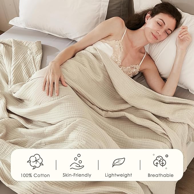 EMME Cotton Blanket Queen Size for Bed Soft Muslin Bed Blankets 90"x90" Lightweight Breathable Bedspread Coverlet All Season Gauze, Light Tan-Ruum Studio Home