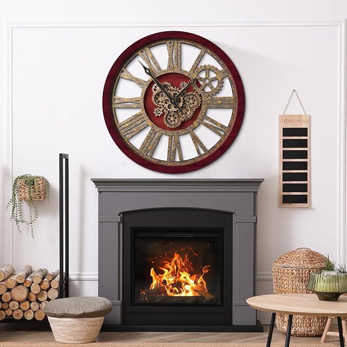 The B-Style Large Wall Clock 24 inch Moving Gear Wall Clock Oversized Vintage Farmhouse Wall Clocks for Living Room Decor Rustic Industrial Wood Clock (Cherry red and Bronze, 36 inch/90cm)-Ruum Studio Home