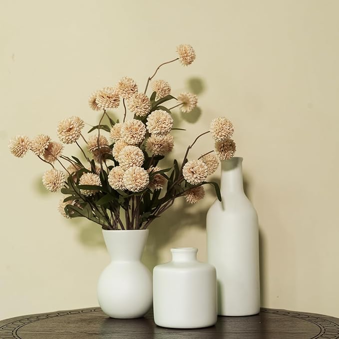 Fake Flowers in Vase for Centerpieces, Faux Flowers in Modern Ceramic Vase Set of 3 with 8 Artificial Autumn Chrysanthemums Home Decor-Ruum Studio Home