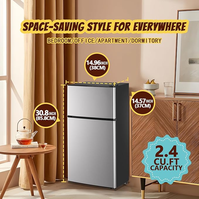2.4 Cu.ft Mini Fridge Small Refrigerator with Freezer Dual Door Dorm Fridge for Personal Senven Temp Gear Suit for Apartment, Bedroom, Rv Silver-Ruum Studio Home