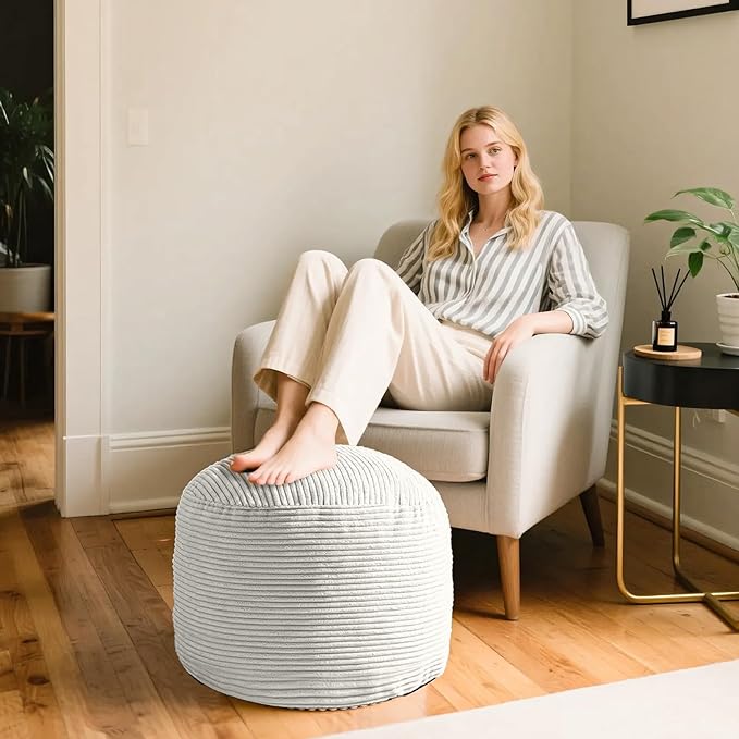 Round Stuffed Pouf Ottoman, Foot Stools Ottoman,Corduroy Poufs with Foam Chunk Filling, Furry and Fluffy Storage Ottomans, 20 X 15 Floor Poufs Foot Rest for Living Room-Ruum Studio Home