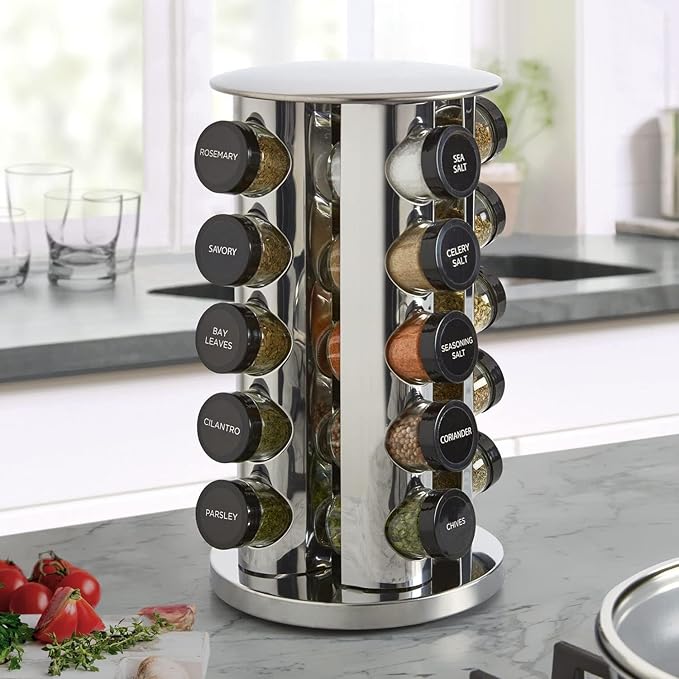 Kamenstein 20 Jar Revolving Countertop Spice Rack with Spices Included, FREE Spice Refills for 5 Years, Polished Stainless Steel with Black Caps, 30020-Ruum Studio Home