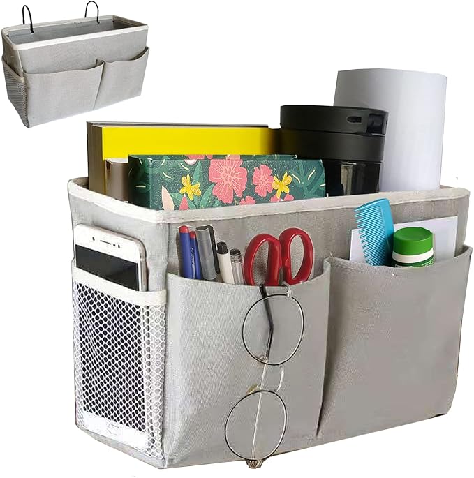 Bedside Caddy, Bedside Hanging Storage Organizer for College Dorm Bed, Bunk and Hospital Beds, Can be Placed Books, Phones,Keys, Glasses，Magazine Holder (Grey, 1)-Ruum Studio Home