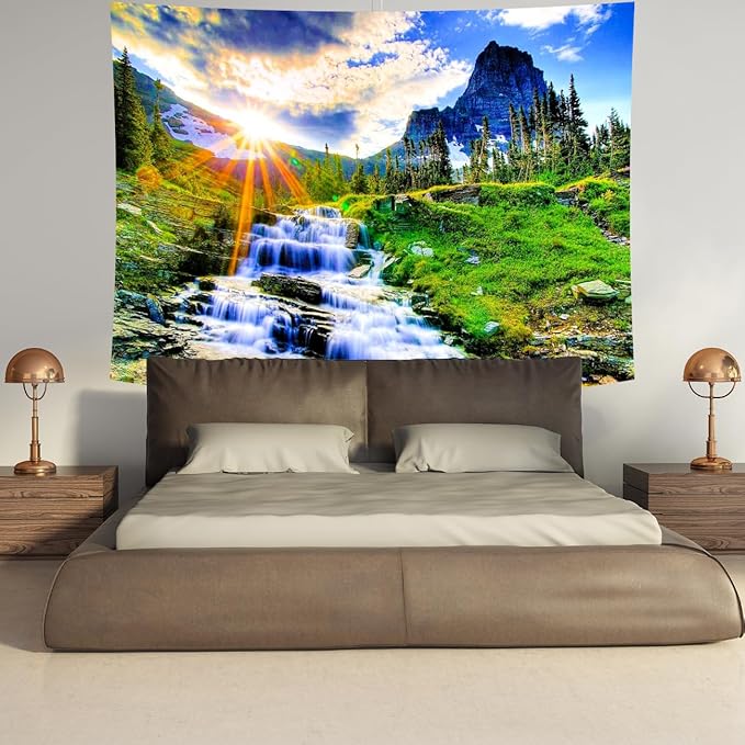 Delur Mountain Waterfall Tapestry Sunset Forest Tree Nature Landscape Tapestry Wall Hanging Tropical Sunrise Rainforest Psychedelic Scenic Headboard for Bedroom Living Room Home Decor (70.8" x 92.5")-Ruum Studio Home