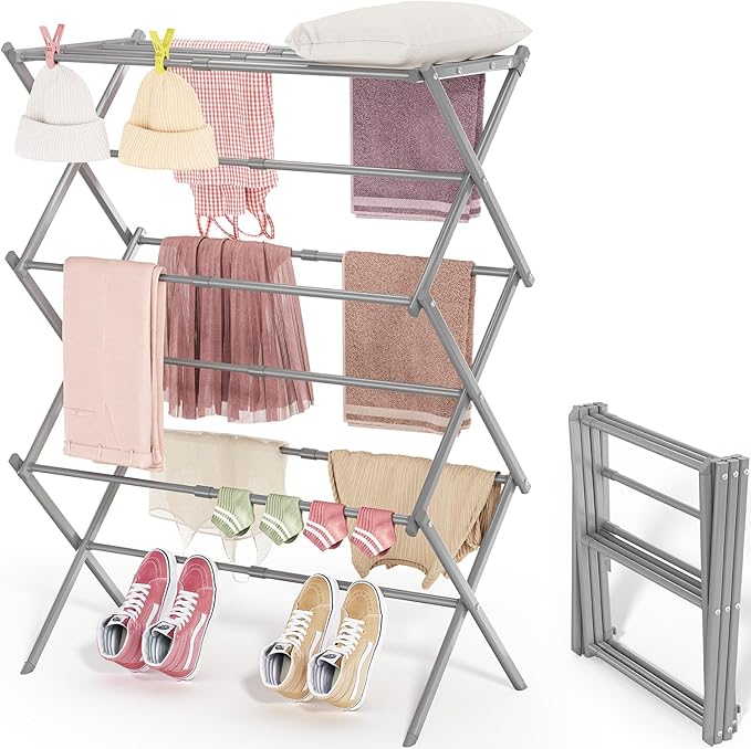 APEXCHASER Clothes Drying Rack, 3-Tier Laundry Drying Rack for Clothes, Expandable Metal Clothing Dryer, Collapsible Towel Rack, Air Drying Rack, Grey-Ruum Studio Home