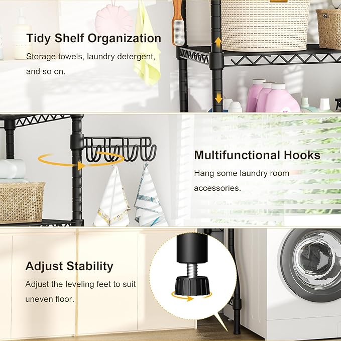 Ulif U8 Laundry Room Storage Organizer, Over The Washer and Dryer Storage Shelves for Laundry Organization, 35" W x 17.3" D x 76.2" H, Suit Washing Machine Width Within 32.6", Hold 304 lb, Black-Ruum Studio Home